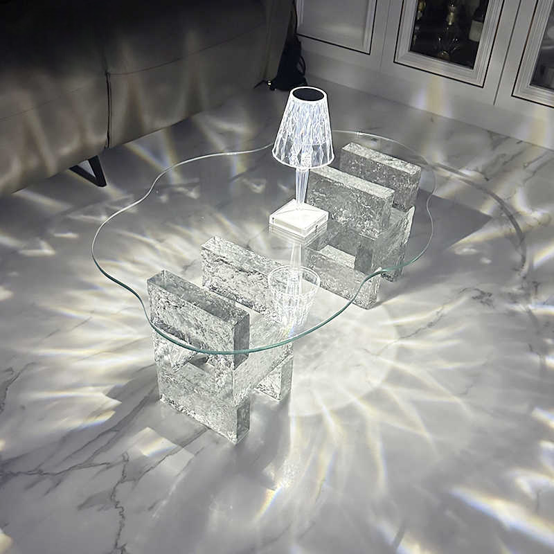 Modern Cloud-Shaped Acrylic & Glass Coffee Table, Double-Base Artistic Small Space Accent for Living Room
