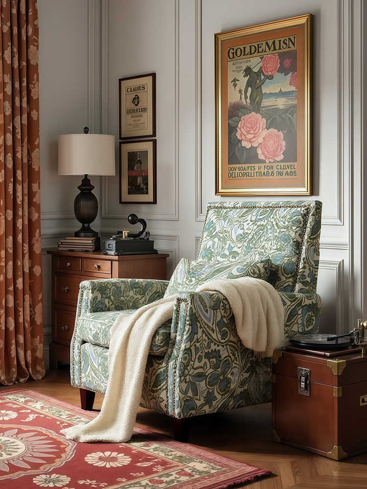 Vintage Tiger Armchair – Retro Lounge Single Sofa for Living Room, Balcony, Study, & Bedroom, Blue Floral Upholstery