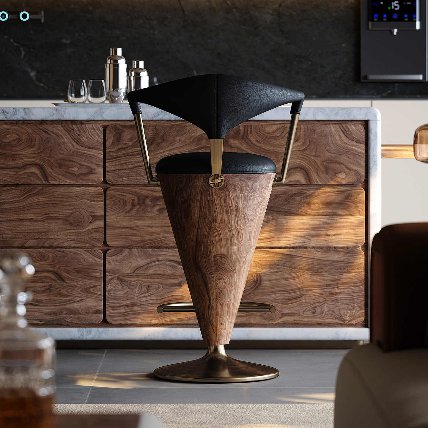 Luxury Designer Leather Bar Stool – Walnut Cone Base Gold Frame, Modern Counter Height Chair with Backrest for Kitchen Island, Bar, or Villa