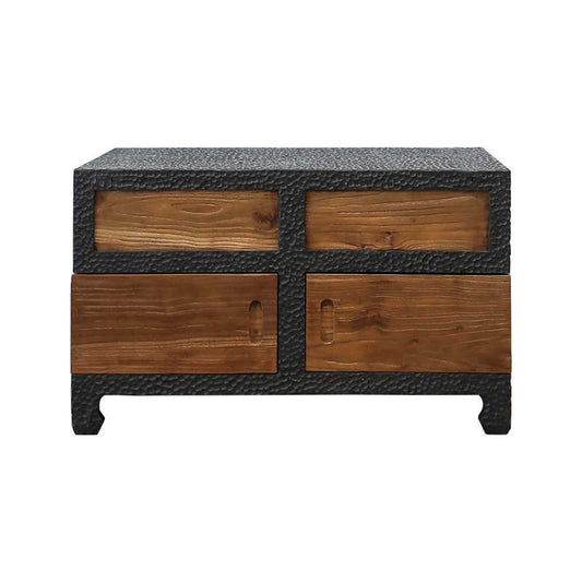 Contemporary Japanese Wabi-Sabi Square Coffee Table – Weathered Solid Wood with Textured Frame and Storage Drawers, Rustic Designer Furniture