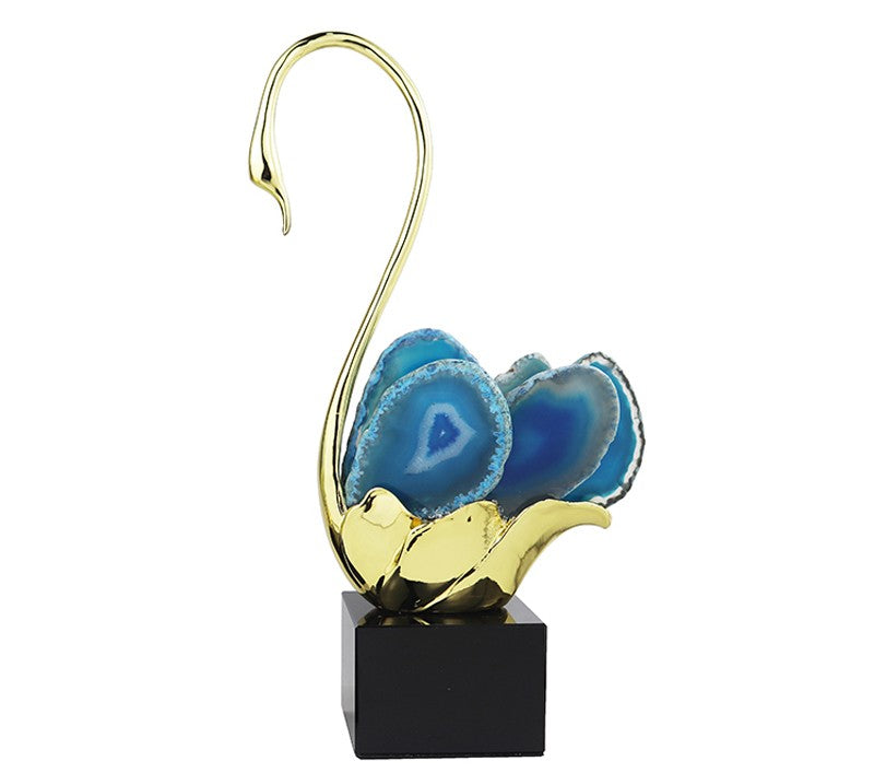 Luxury Blue Agate Swan Sculpture Set – Gold Modern Crystal Stone Figurines for Living Room, Entryway, TV Cabinet, Home and Gift