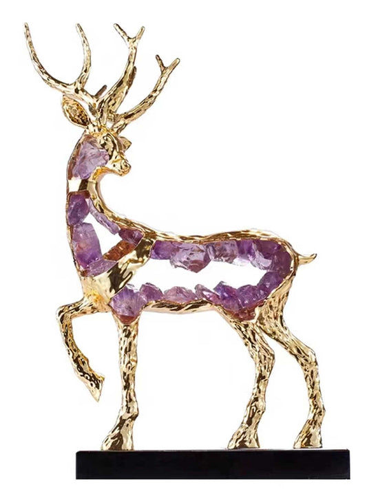 Luxury Amethyst Crystal Agate Deer Sculpture – Gold Modern Accent for Living Room, Entryway, TV Cabinet, Housewarming Gift