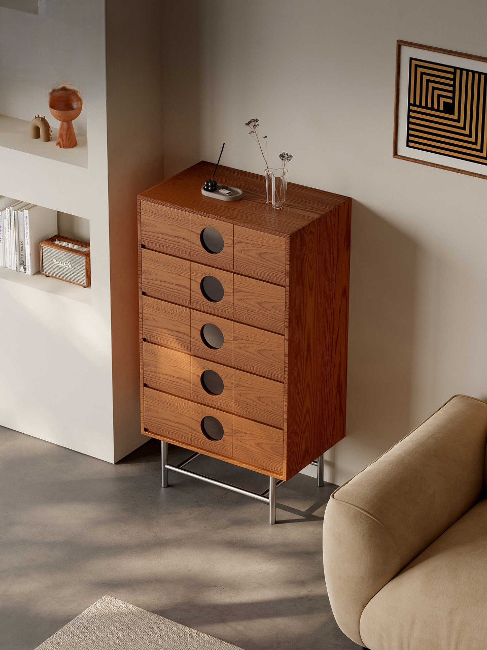 Five-Drawer Storage Cabinet, Mid-Century Modern TV Stand, Vintage Wall Cabinet for Small Spaces