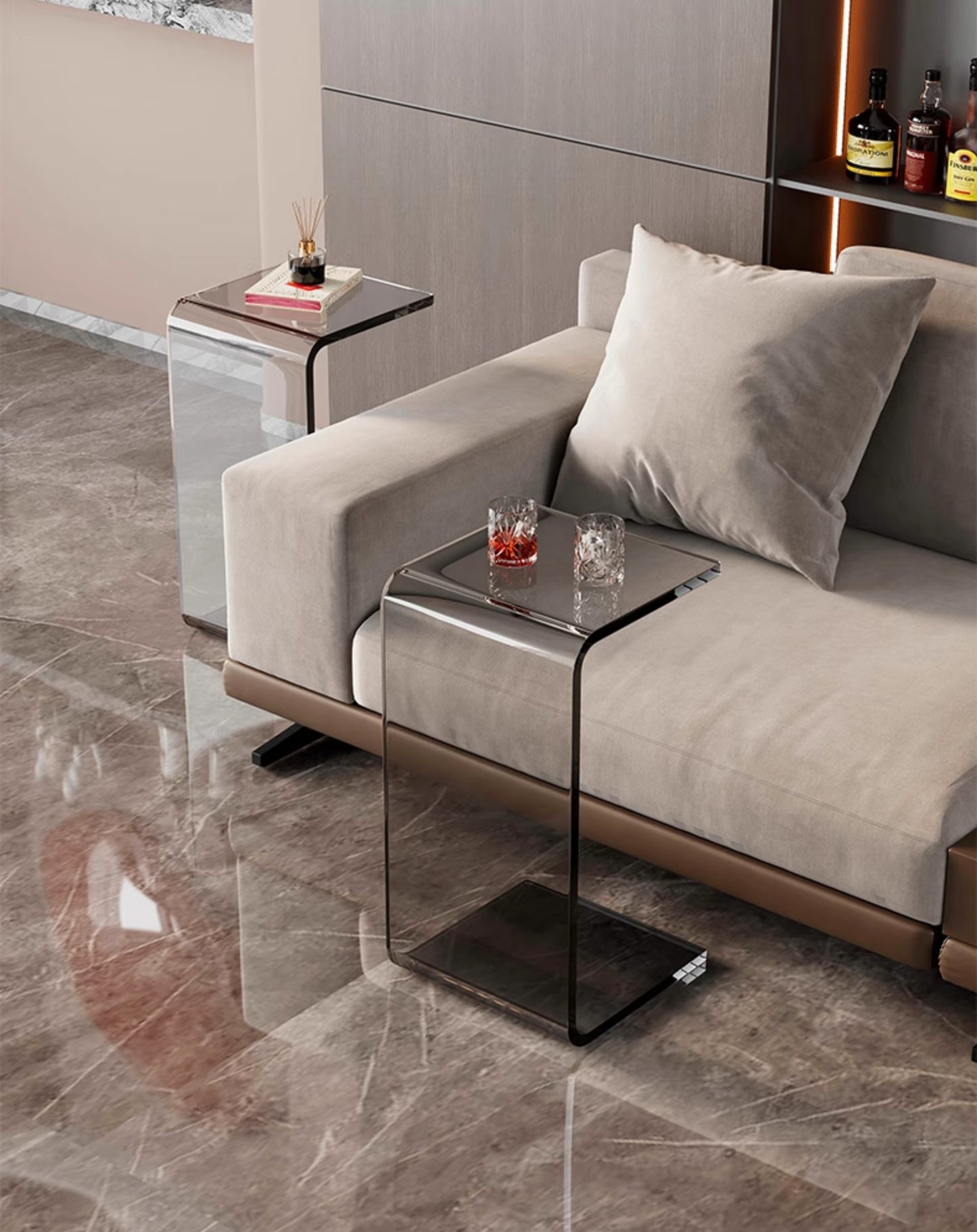 Modern Smoke Gray Acrylic C-Shaped Side Table – Minimalist Transparent Sofa Accent End Table, Small Living Room Nightstand, Space-Saving Bedside Coffee Table
