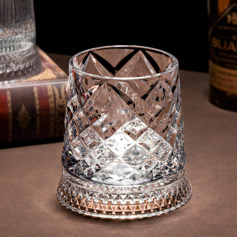 Diamond Crystal Rotating Whiskey Glass Set 280ml – Premium Old Fashioned Rocks Tumbler with Luxury Spinning Glass Base, 2 Pack Gift Box