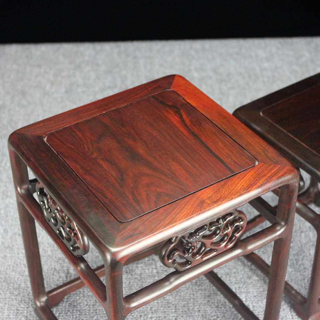 Set of 2 Rosewood Plant Stands, Small Square Pedestal Tables with Hand-Carved Motifs, Solid Wood Bonsai Display Rack