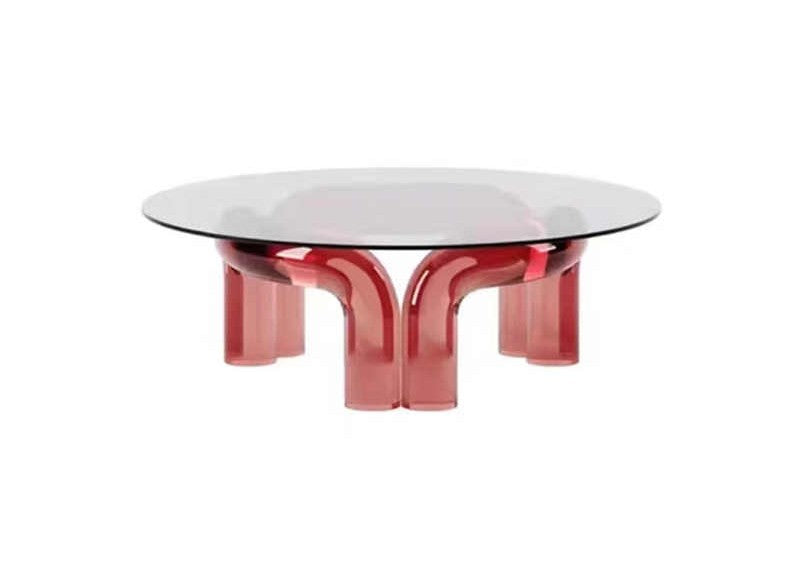 Designer Magenta Resin Leg Coffee Table, Modern Minimalist Round Glass Top Center Table for Living Room, Café, Showroom