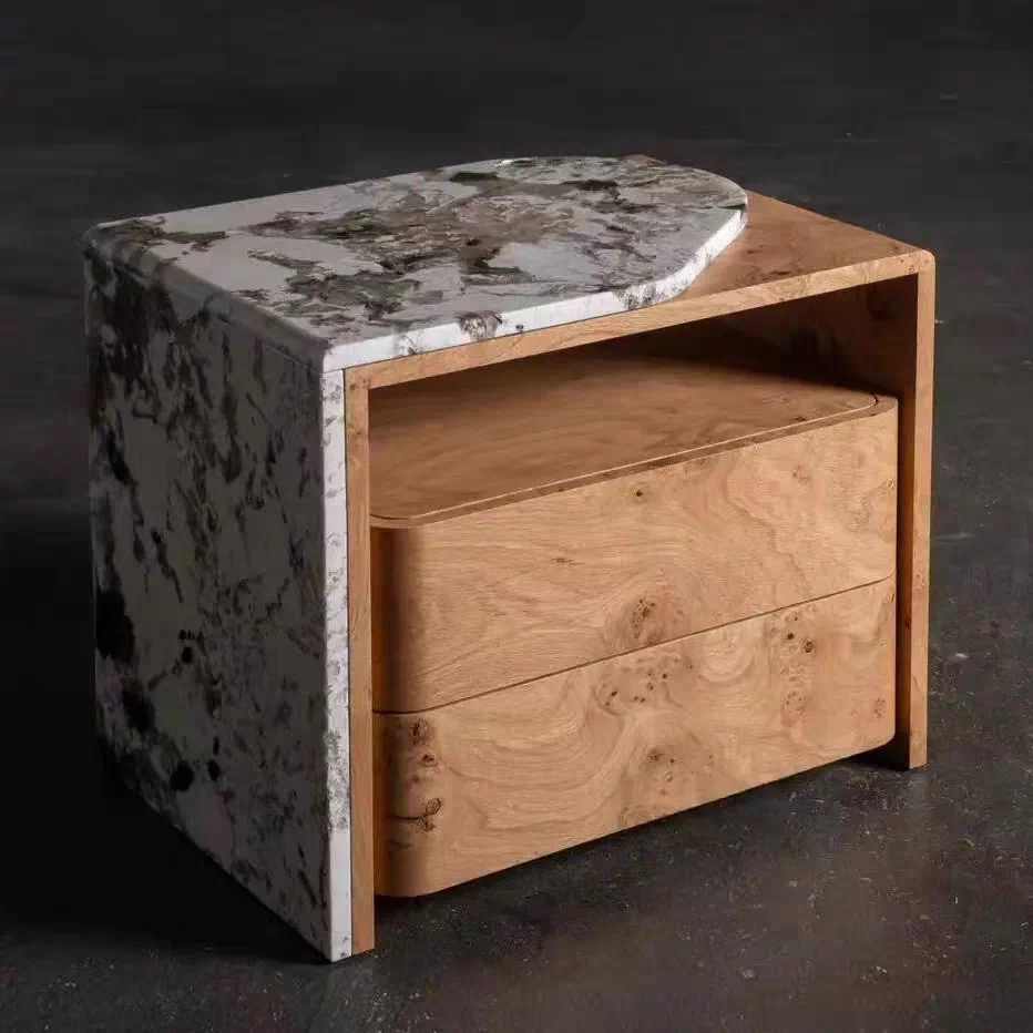 Minimalist Nightstand – Designer Asymmetrical Marble & Solid Wood, Modern Luxury Bedside 2-Drawer Cabinet