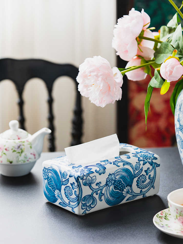 Blue and White Porcelain Tissue Box Set of 2, Ceramic Decorative Napkin Holder for Living Room, Coffee Table, Dining Desk, Floral & Bird Design Set