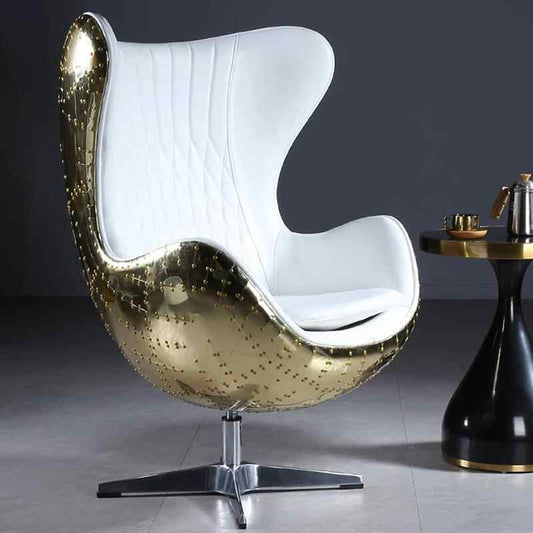 Classic Mid-Century Egg Chair with Aviation-Inspired Design – Premium Vintage White Leather & Polished Aluminum Shell, Swivel Lounge Chair