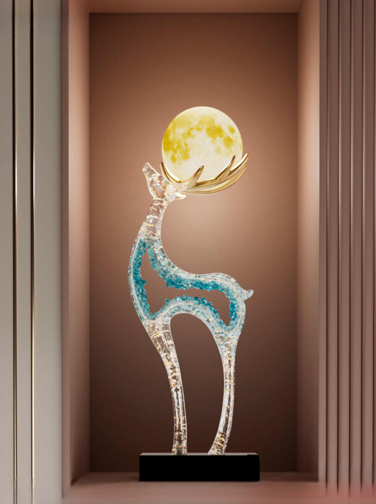 Wealth-Attracting Crystal Deer Entryway Sculpture with Moon Lamp, Luxury Blue Transparent Deer Art Light, High Vertical Niche/Console Decor, Housewarming Gift