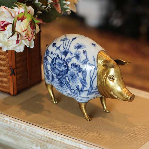 Premium Blue & White Porcelain Pig Sculpture – Traditional Asian Lotus Pattern with Gilded Bronze Details, Luxury Ceramic Home Décor Figurine