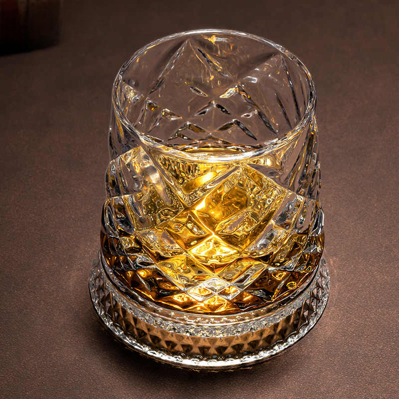Diamond Crystal Rotating Whiskey Glass Set 280ml – Premium Old Fashioned Rocks Tumbler with Luxury Spinning Glass Base, 2 Pack Gift Box
