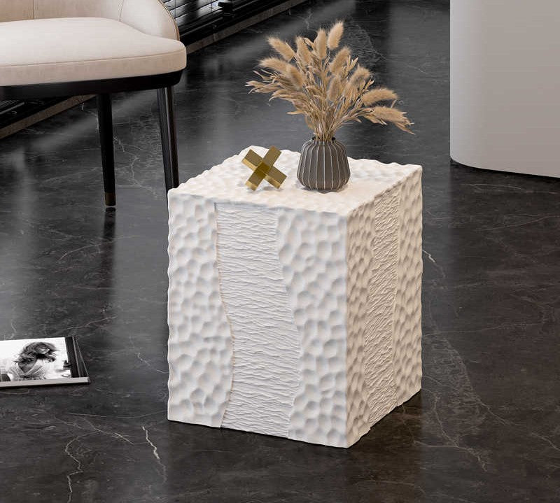 Abstract Side Table, Minimalist Textured White Coffee Table for Living Room, Sculptural Bedside Storage Accent