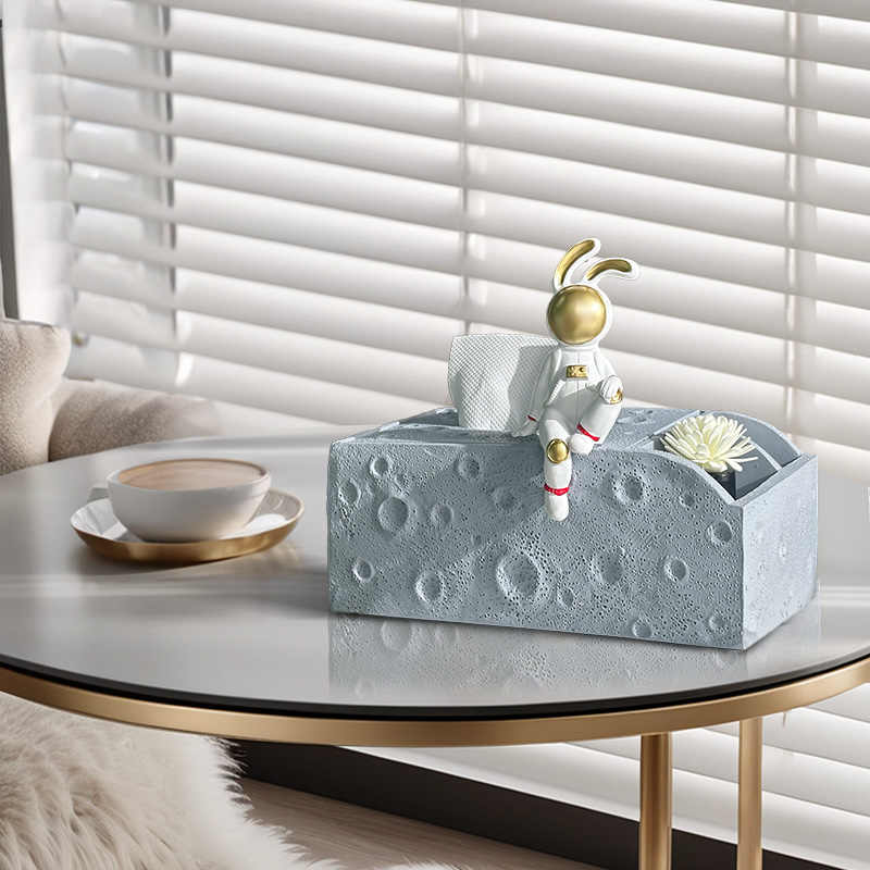 Luxury Astronaut Bunny Tissue Box – Lunar Surface Storage Holder, Modern Cute Dining Table & Living Room Accent