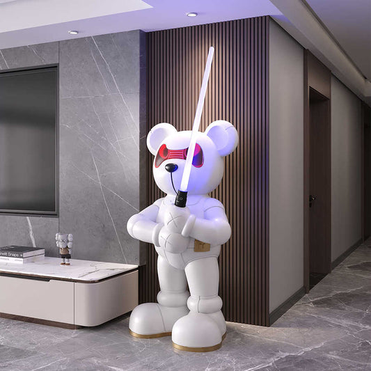 Large Mechanical Bear Floor Sculpture with LED Sword, Modern Tech Decor Statue for Living Room, Hallway, TV Cabinet, Office