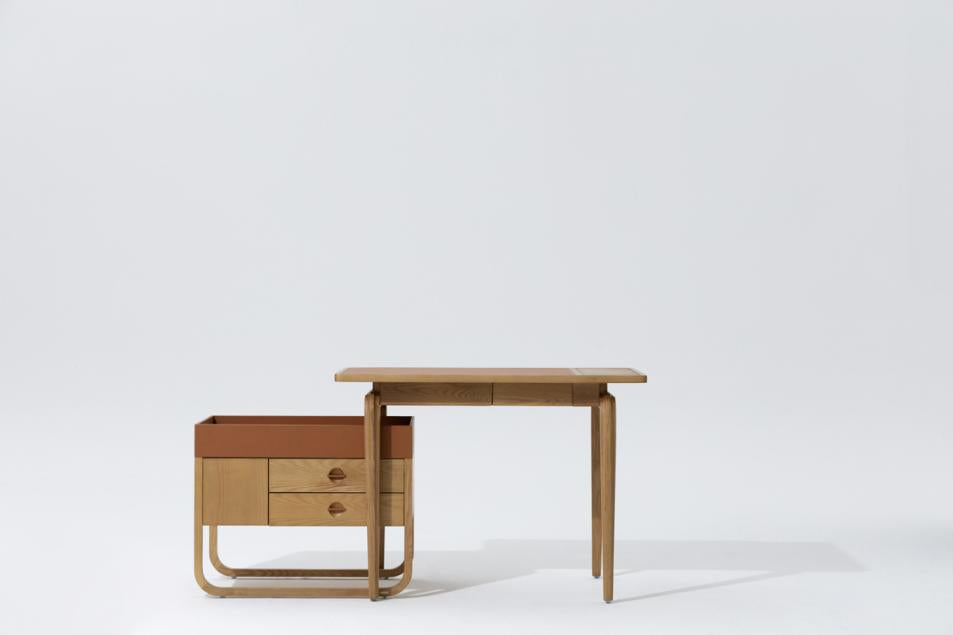 Luxury Two-Tone Nightstand with Leather Top, Ash Wood Console Cabinet with Curved Bentwood Base, Modern Designer Bedside Table with Drawers