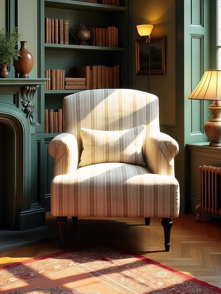 Vintage High-Back Tiger Armchair & Ottoman Set – Retro Striped Single Sofa for Living Room, Balcony, Homestay, or Study