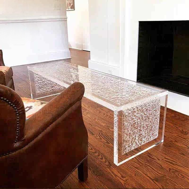 Modern Designer Clear Acrylic Rectangular Coffee Table, Artistic Stone/Wave Texture, Custom Luxury Living Room Center Table