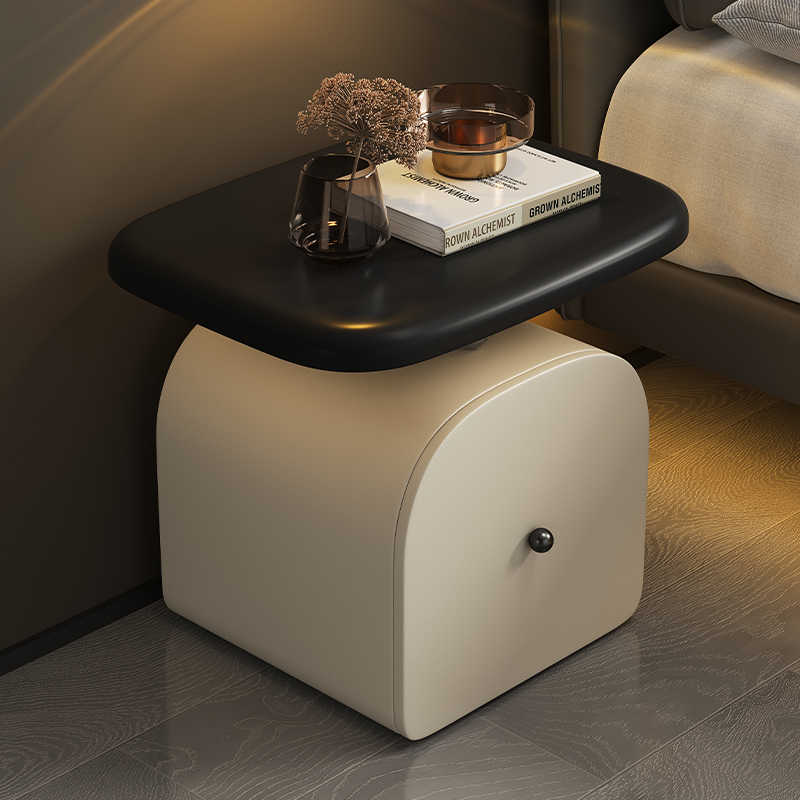 Modern Curved Nightstand with Hidden Drawer Storage, Italian Luxury Style Bedside Table with Cat Paw Leather Top, Mobile Side Table in Cream White