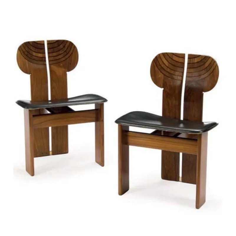 African-Inspired Solid Wood Dining Chair – Sculptural Backrest Design with Leather Seat, Contemporary Luxury Chair for Dining Room, Restaurant, Modern Home
