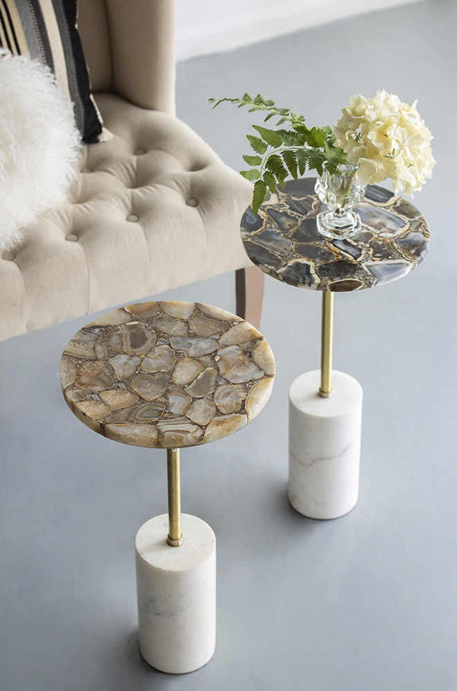 Handcrafted Aluminum Inlaid Agate Luxury Stone Designer Side Table, Black Small Edition