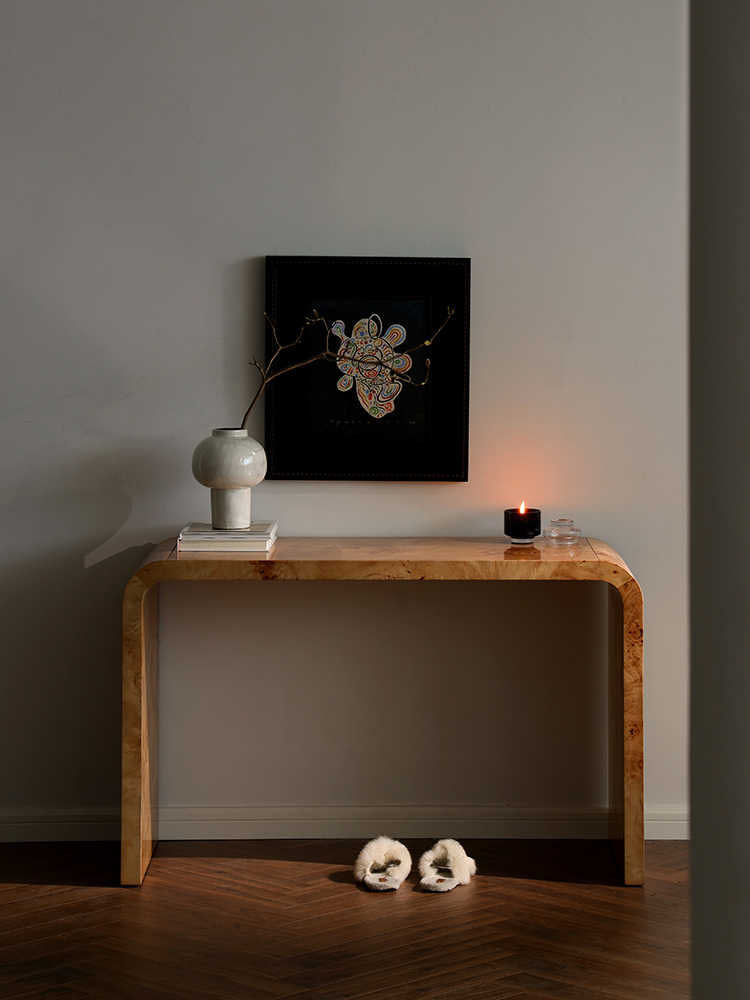 French Mid-Century Burl Wood Console Table – Luxury Waterfall Edge Entry Hall Table, Natural Wood Grain Sofa Table, Modern Minimalist Desk for Living Room, Entryway, Bedroom