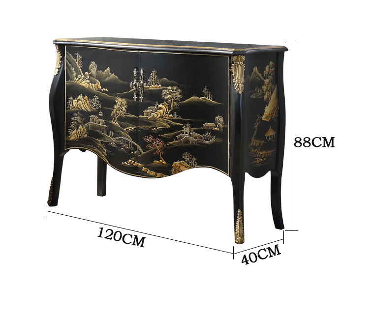 Hand-Painted Landscape Entryway Cabinet, Style Antique Solid Wood Hallway Sideboard