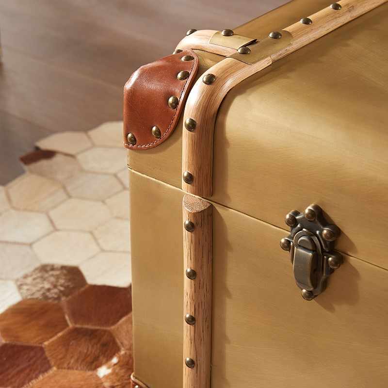 Vintage Industrial Aluminum & Leather Trunk Coffee Table – Antique Bronze Finish Mid-Century Storage Ottoman with Metal Hardware