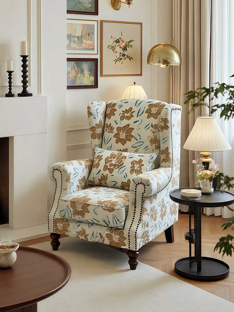 Vintage Floral High-Back Chair Set – Lounge Armchair and Ottoman, Balcony/Bedroom/Reading
