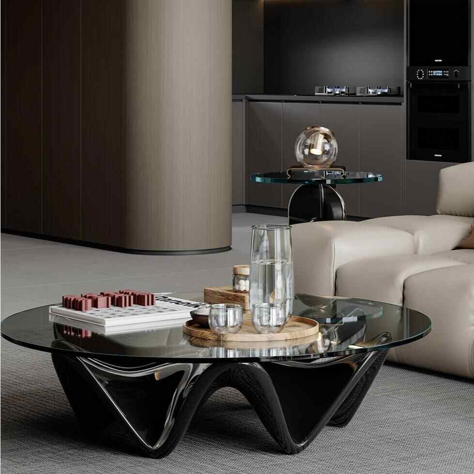 Modern Designer Hexagon Glass Coffee Table, Artistic Black Wave Base Centerpiece for Living Room, Hotel, Trendy Space, Tempered Clear Glass