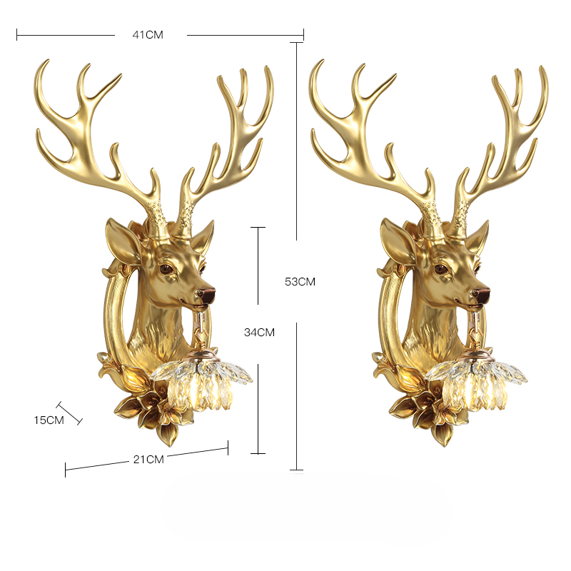 Gold Deer Head Wall Sconce Set – Luxury Resin Antler Crystal Wired Wall Lamps for Living Room, Bedroom, Hallway, and Feature Walls