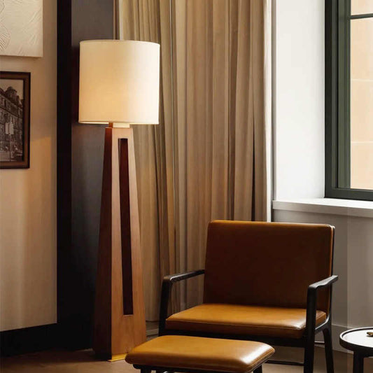 Walnut Wood LED Floor Lamp with Drum Linen Shade, Modern Ambient Standing Lamp, Minimalist Tall Light Fixture for Living Room, Bedroom, Study, Meditation Room