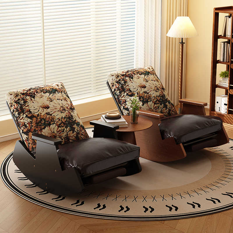 Vintage Solid Wood Rocking Lounge Chair, Walnut Frame, Brown Cushion, Sunflower Pattern Backrest, Single Sofa Recliner for Balcony & Living Room