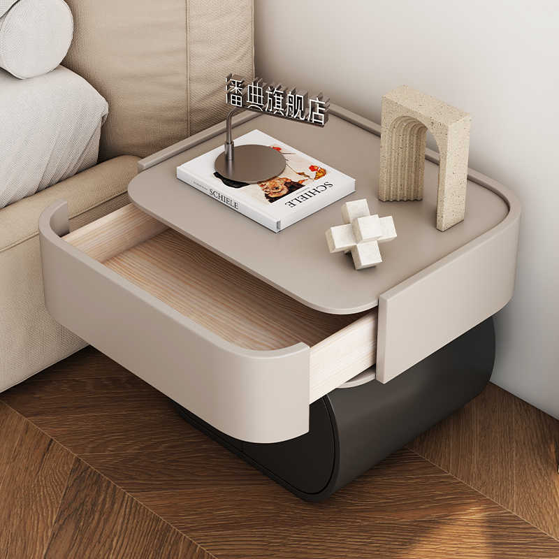 Modern Cream Luxury Nightstand, Solid Wood Curved Coffee Table for Kids Bedroom, Contemporary Minimalist Side Table with Storage
