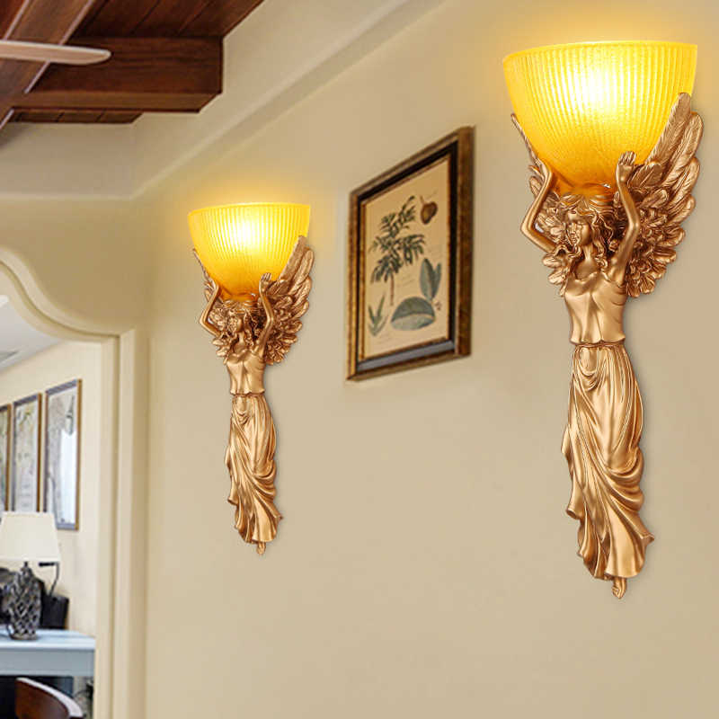 European Angel Wall Lamp, Creative Resin & Glass Sconce for Living Room, Hallway, Staircase, Retro Club Bar Lighting