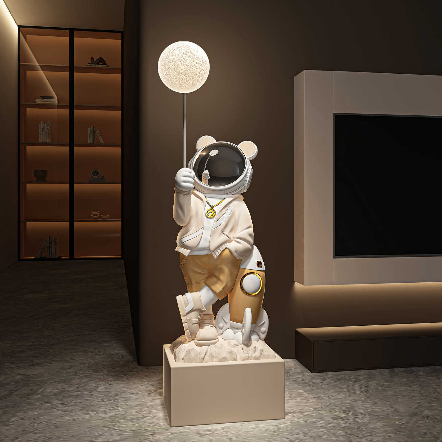 Luxury Life-Size Astronaut Floor Sculpture with LED Moon Lamp – Premium Space-Themed Art for Living Room & Housewarming Gift