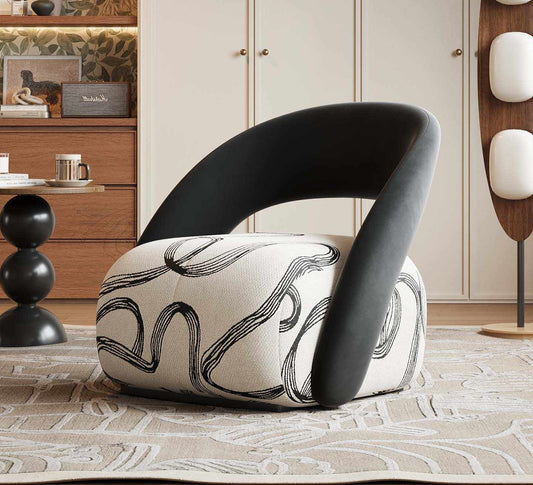Contemporary Sculptural Lounge Chair with Abstract Print Upholstery, Modern Single Seat Armchair with Curved Wood Frame, Designer Living Room Accent Chair