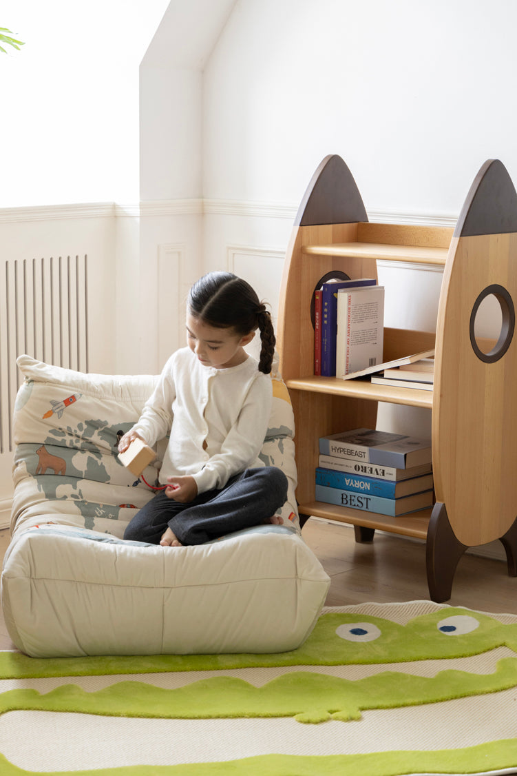 Rocket-Shaped Kids Bookshelf & Storage Cabinet, Premium Natural Wood Children's Furniture with Space Theme, Multi-Purpose Toy Organizer