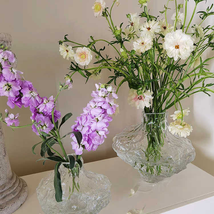 Valley Stream Art Transparent Glass Vase, Modern Minimalist Creative Flower Vessel with Textured Pattern for Boutique Hotel Showroom Decor