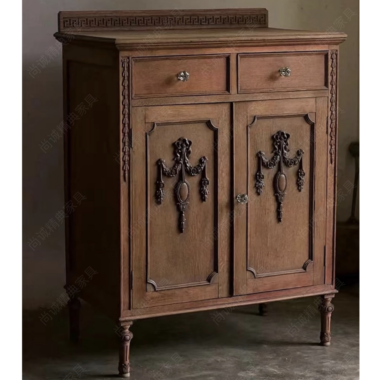 French Vintage Solid Wood Sideboard with Greek Key Pattern & Ornate Metal Swags, Louis XVI Style Storage Cabinet with Turned Legs