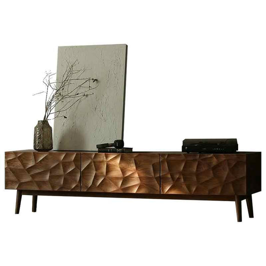Contemporary Teak Geometric Media Console – Sculptural Faceted TV Stand with Organic Carved Design, Mid-Century Modern Storage Furniture