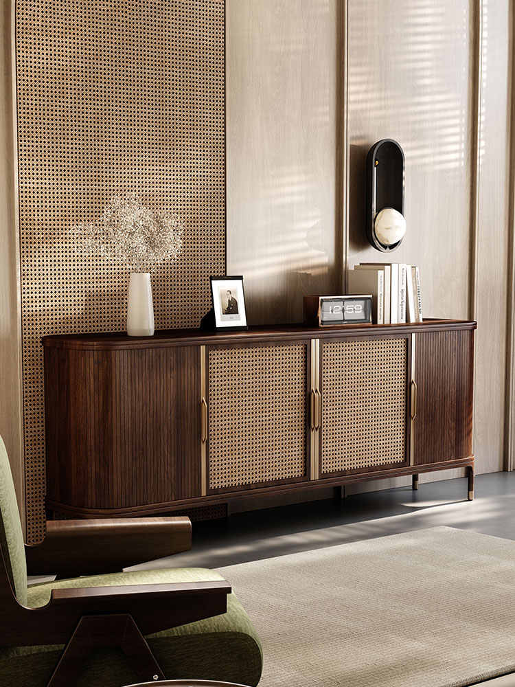 Vintage Walnut Sideboard Buffet – Retro Solid Wood Entryway Storage Cabinet for Living Room, Luxury Home Villa