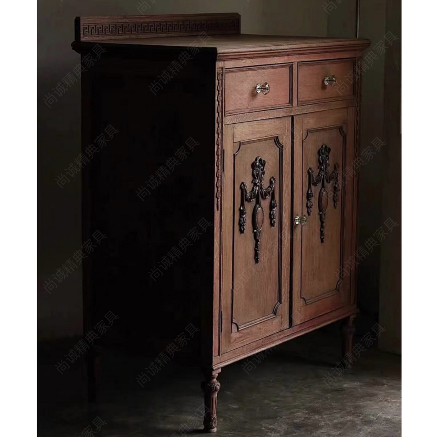 French Vintage Solid Wood Sideboard with Greek Key Pattern & Ornate Metal Swags, Louis XVI Style Storage Cabinet with Turned Legs