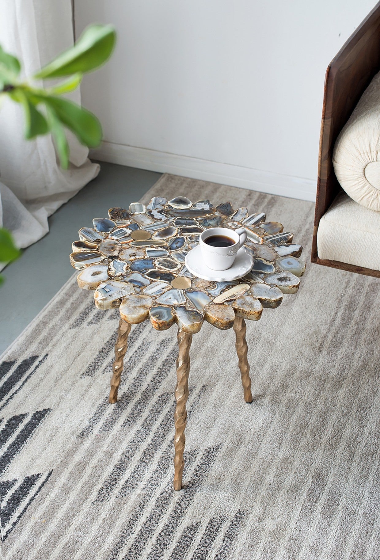 Handcrafted Aluminum Inlaid Agate Luxury Stone Designer Side Table, Large Gold Edition