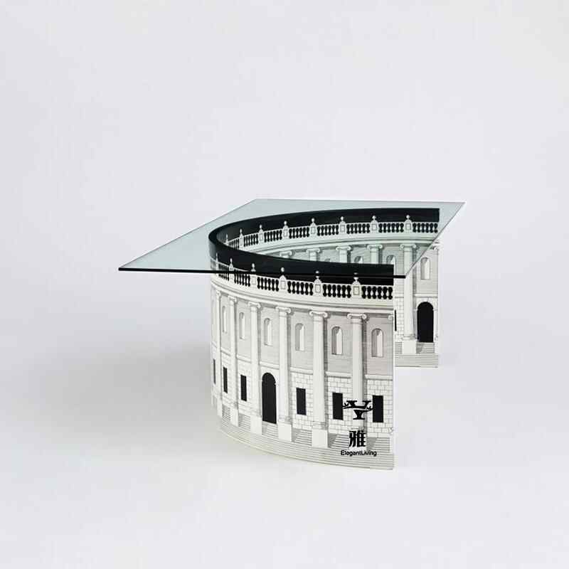 Italian Luxury Architectural Glass Coffee Table – Hand-Painted Neoclassical Palace Base with Tempered Glass Top, Designer Statement Furniture