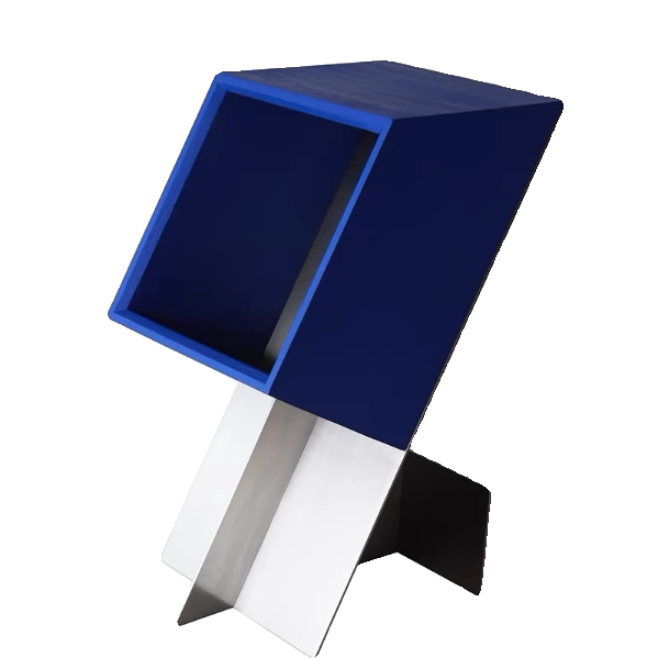 Klein Blue & Stainless Steel Modern Magazine Side Table – Minimalist Designer Display Shelf, Accent Cabinet