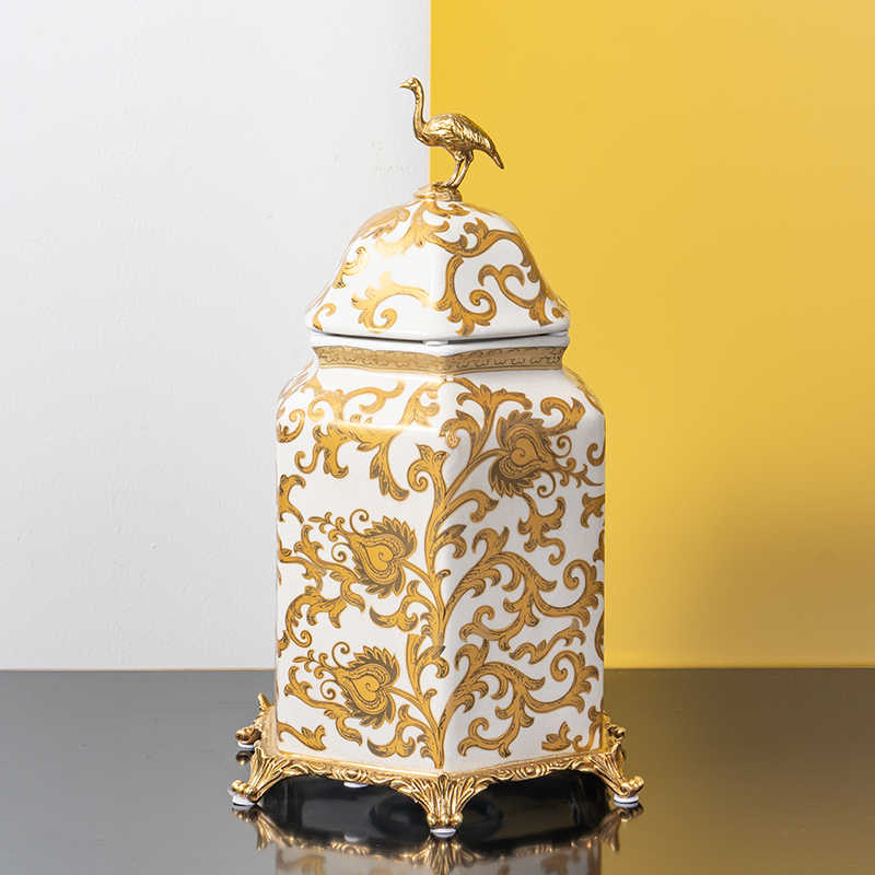 Luxury White & Gold Porcelain Ginger Jar Set with Brass Base – Modern Decorative Canister, Entryway Centerpiece, Set of 2