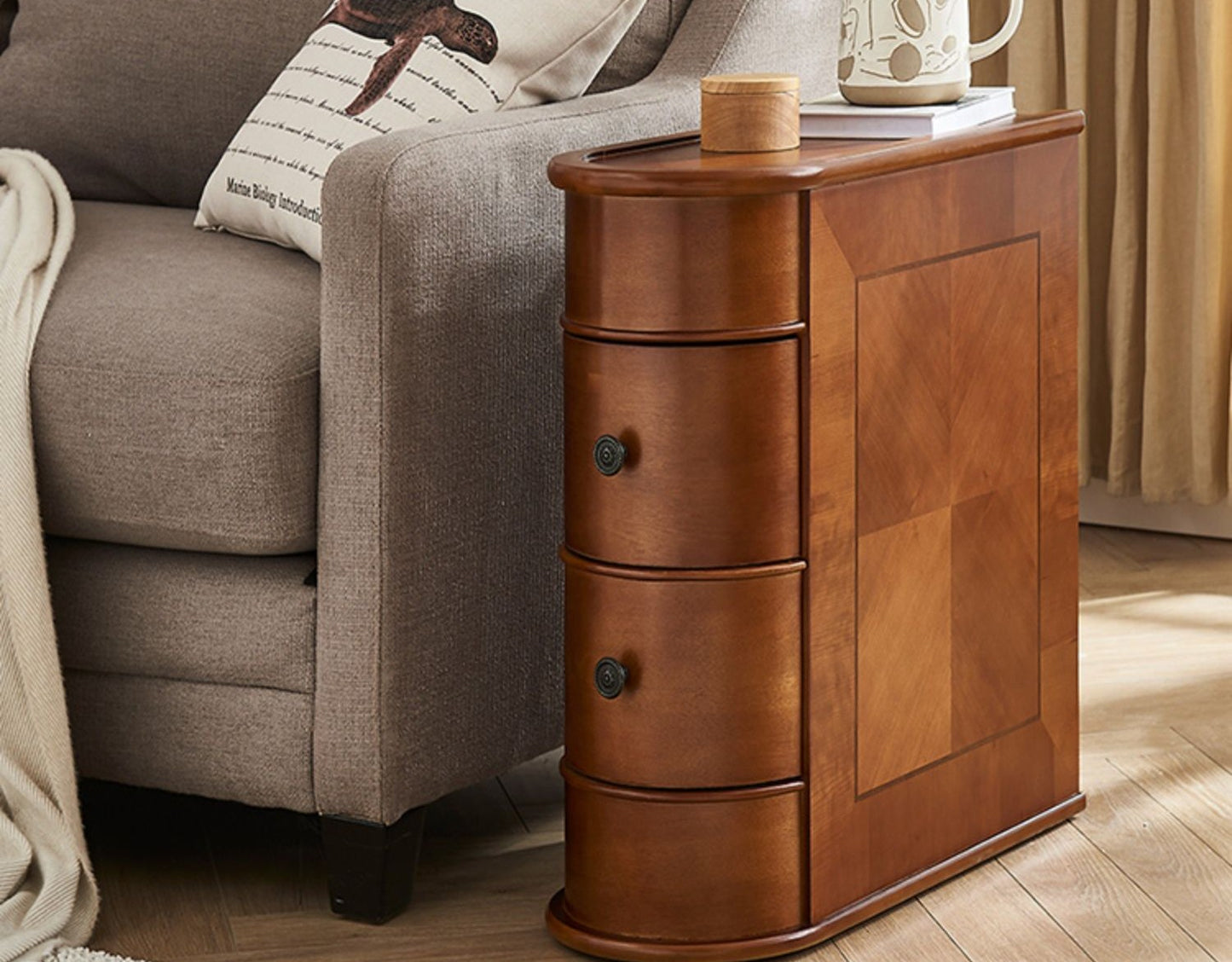 European Style Walnut Finish Sofa Side Table, Small Solid Wood Nightstand with Two Drawers for Living Room, Bedroom, Corner Accent