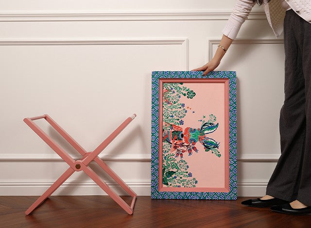 Birch Wood Folding Tea Table, Hand-Painted Floral Garden Bunny Design Side Table, Portable TV Tray with Pink Frame